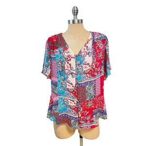 CHICO'S Patchwork Blouse Top Size 1 Medium 8 10